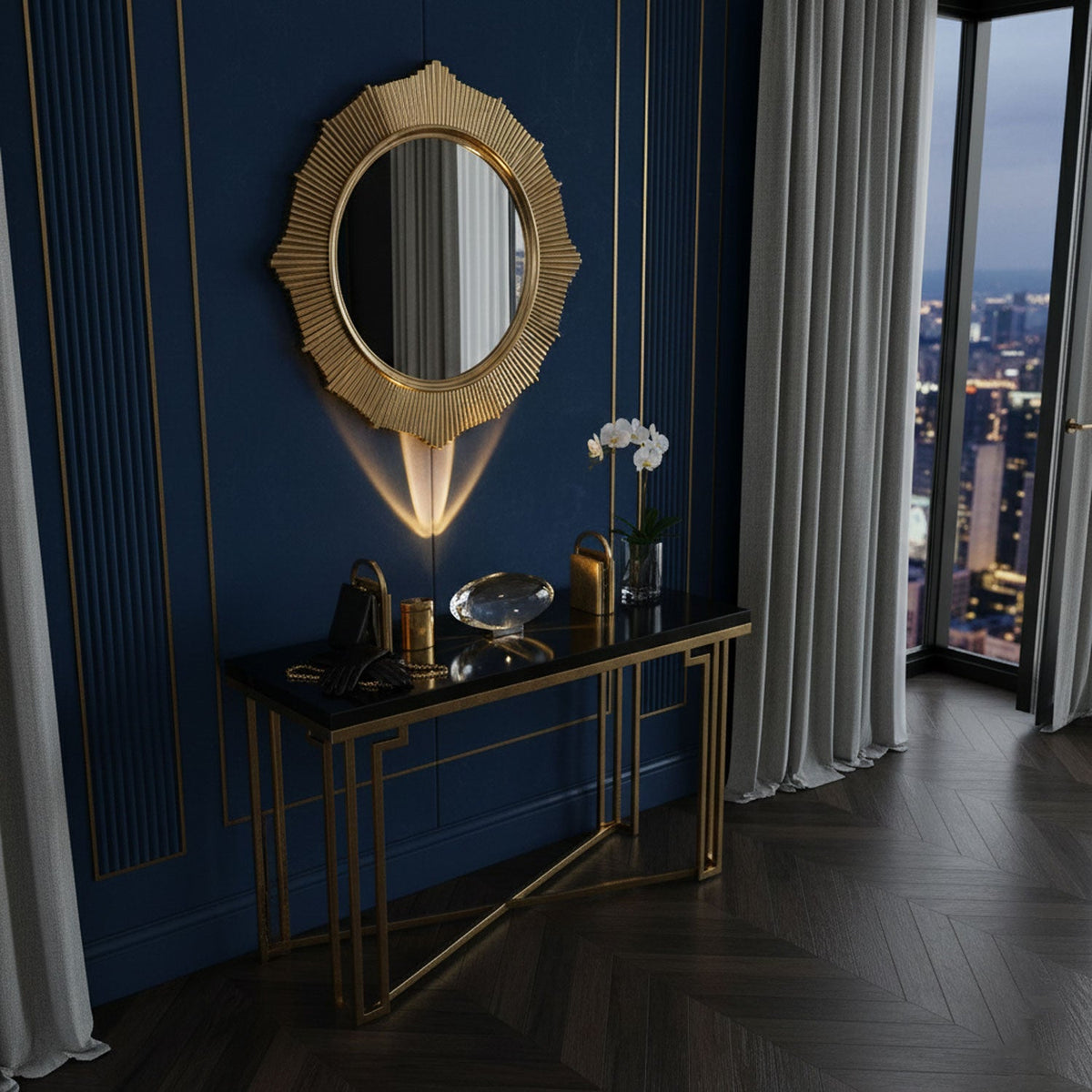 Seren crystal glass table lamp by Moktan Sabai on a navy wall beside a gold sunburst mirror on Tampa Home & Garden Store