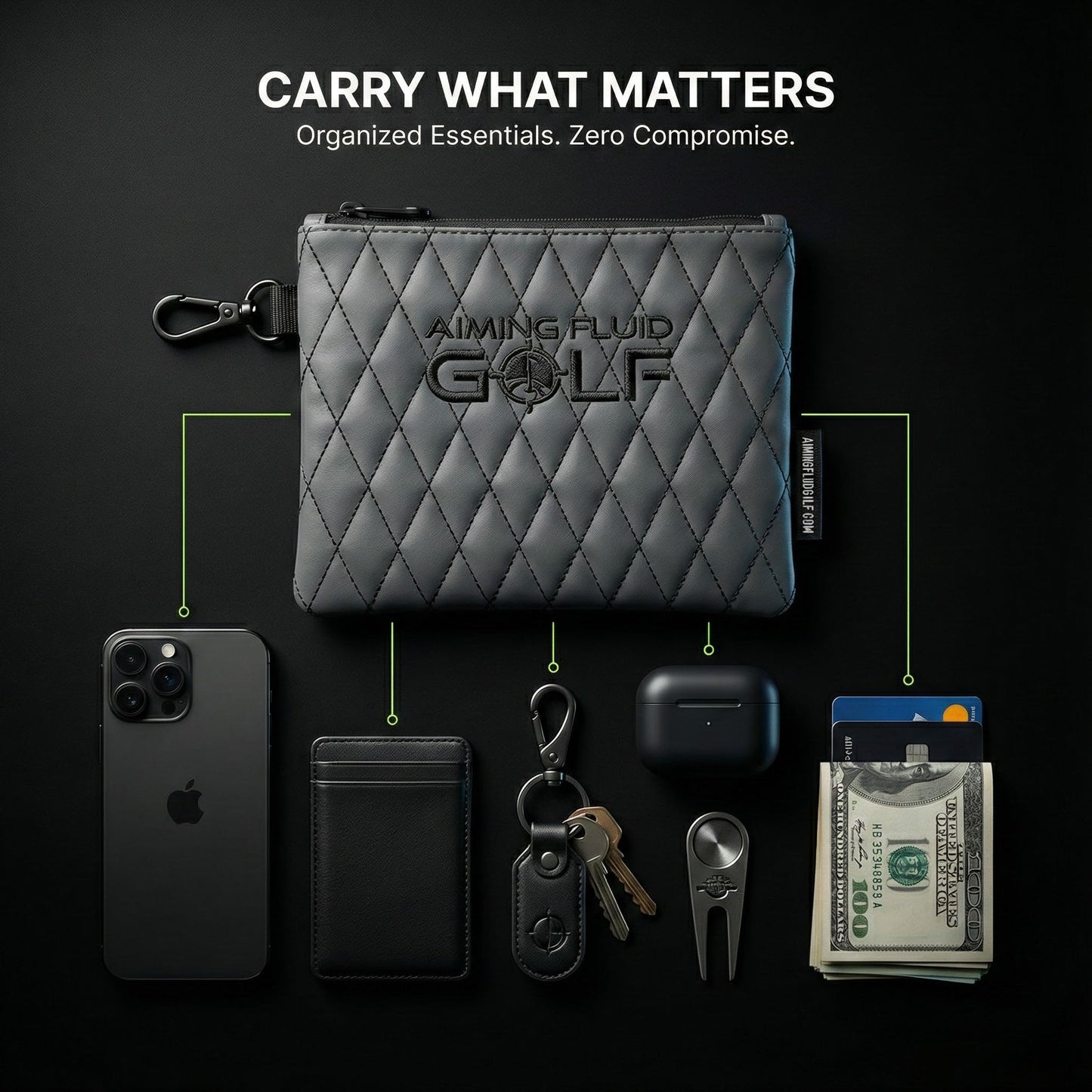 Leather golf utility pouch by Aiming Fluid Golf in grey quilted premium leather with clip on Tampa Home & Garden Store