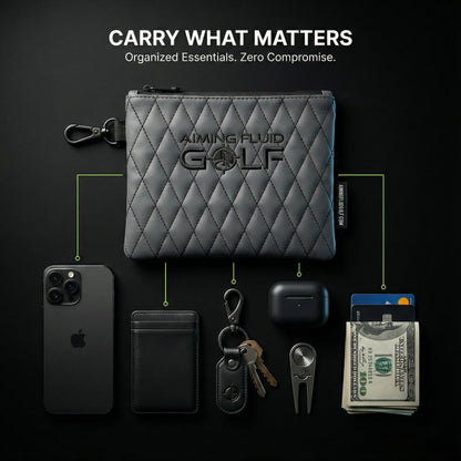 Leather golf utility pouch by Aiming Fluid Golf in grey quilted premium leather with clip on Tampa Home & Garden Store