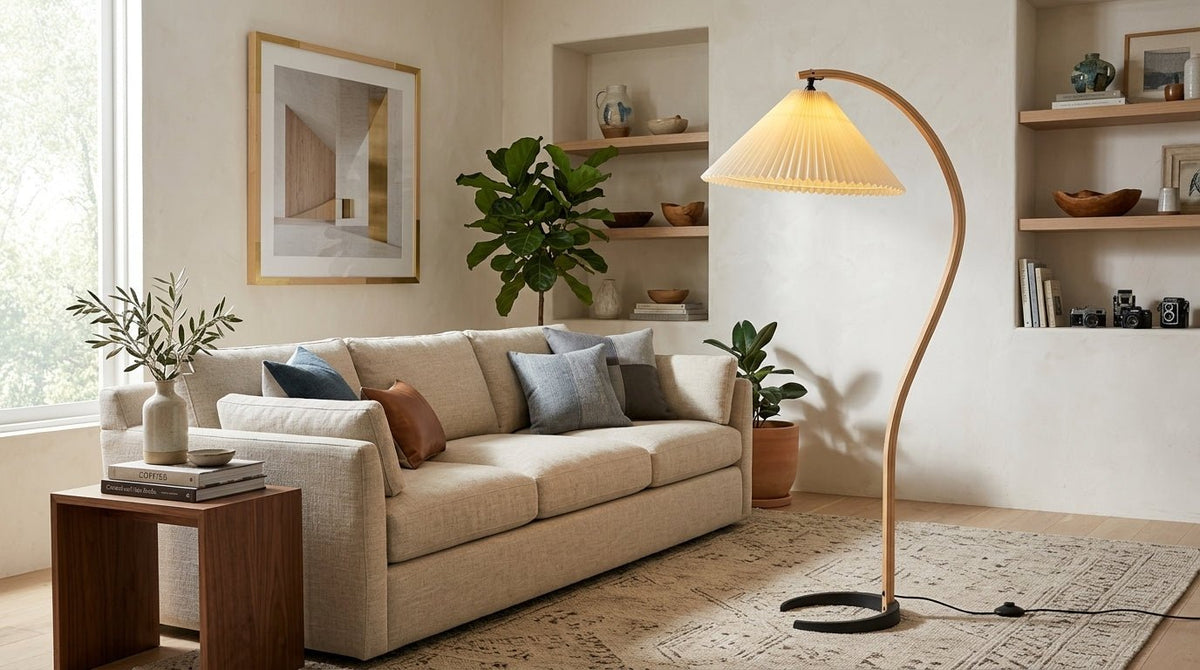 Arbora Arc Floor Lamp plug-in by Moktan Sabai with beech wood arc and pleated shade on Tampa Home & Garden Store