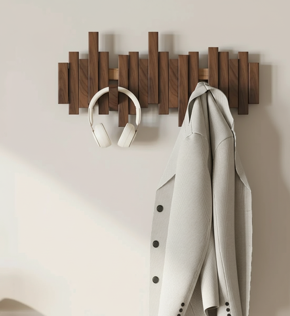 Moktan Sabai wood piano wall coat rack with slats, holds a light gray coat and white headphones on Tampa Home & Garden Store