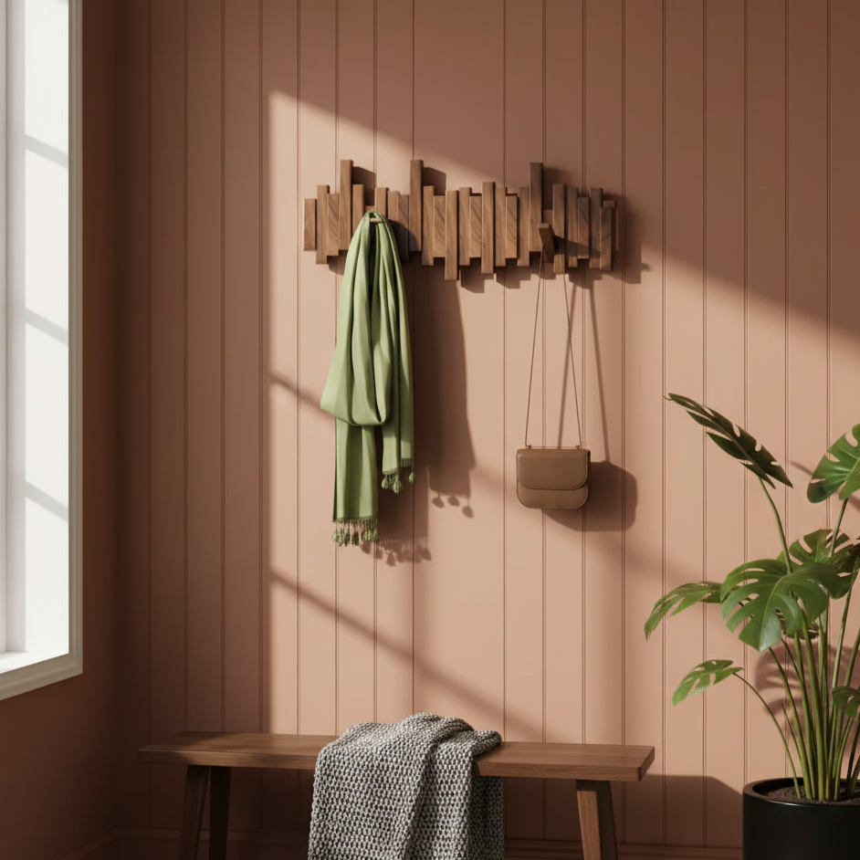 Moktan Sabai Wood Piano Wall Coat Rack with brown wood finish on pink wall on Tampa Home & Garden Store