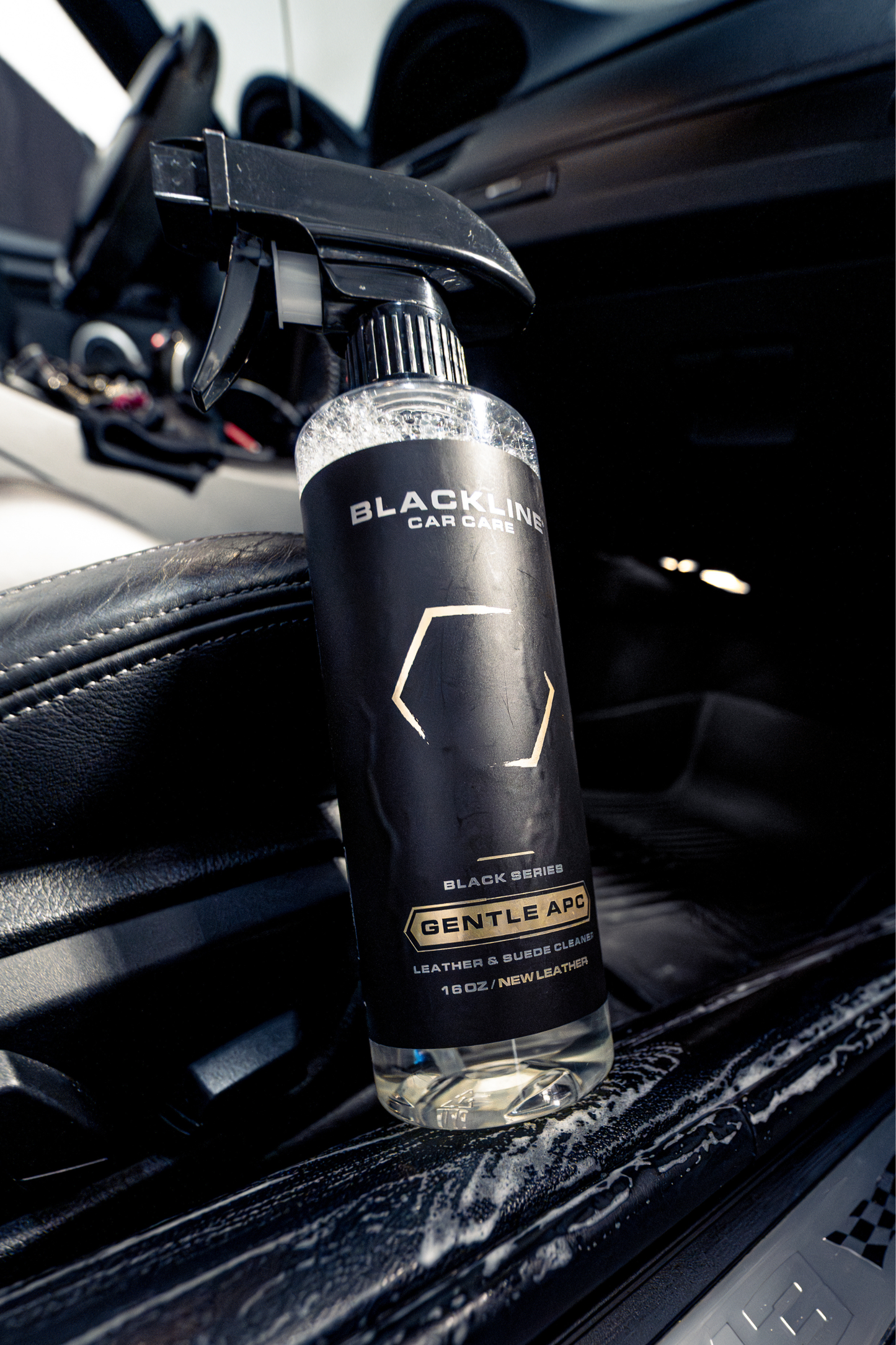 BLACKLINE Gentle APC all-purpose cleaner spray bottle in car interior with black label on Tampa Home & Garden Store