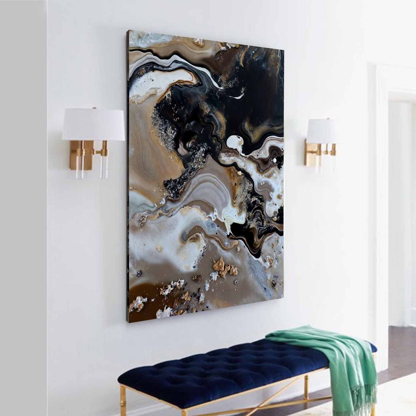Canvas Print Geode Whispers by Tailored Canvases; abstract browns, blacks, whites, gold swirls on Tampa Home & Garden Store
