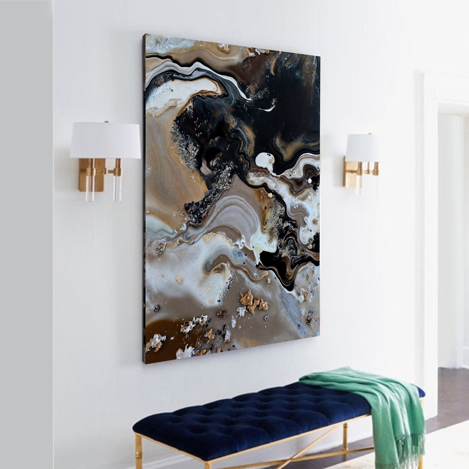 Canvas Print Geode Whispers by Tailored Canvases; abstract browns, blacks, whites, gold swirls on Tampa Home & Garden Store