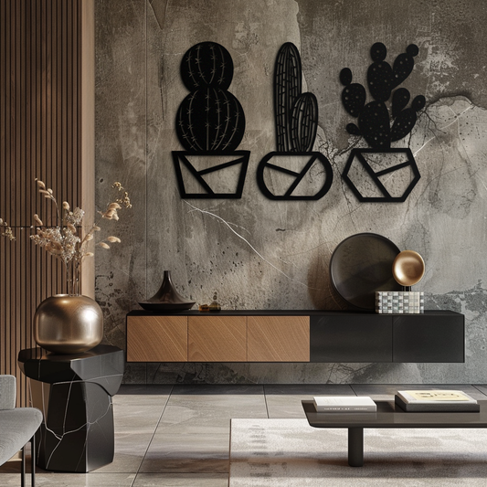 Geometric Cactus Set Metal Wall Art – Modern Black Steel Succulent Decor for Home and Office- KAF518 - Tampa Home & Garden Store