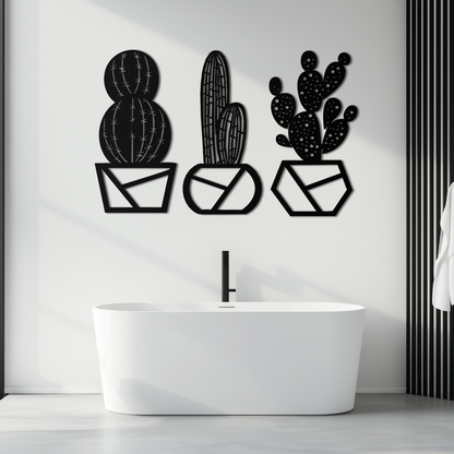 Geometric Cactus Set Metal Wall Art – Modern Black Steel Succulent Decor for Home and Office- KAF518 - Tampa Home & Garden Store