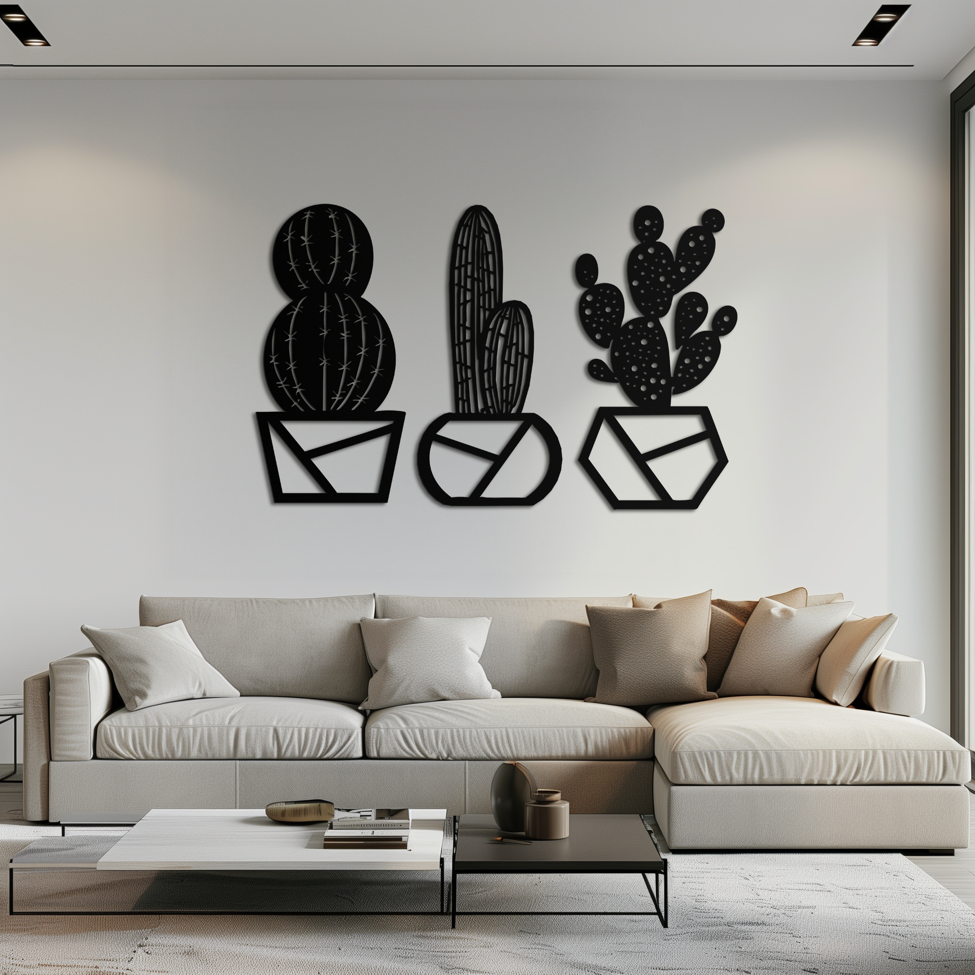 Geometric Cactus Set Metal Wall Art – Modern Black Steel Succulent Decor for Home and Office- KAF518 - Tampa Home & Garden Store
