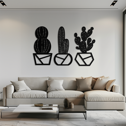 Geometric Cactus Set Metal Wall Art – Modern Black Steel Succulent Decor for Home and Office- KAF518 - Tampa Home & Garden Store