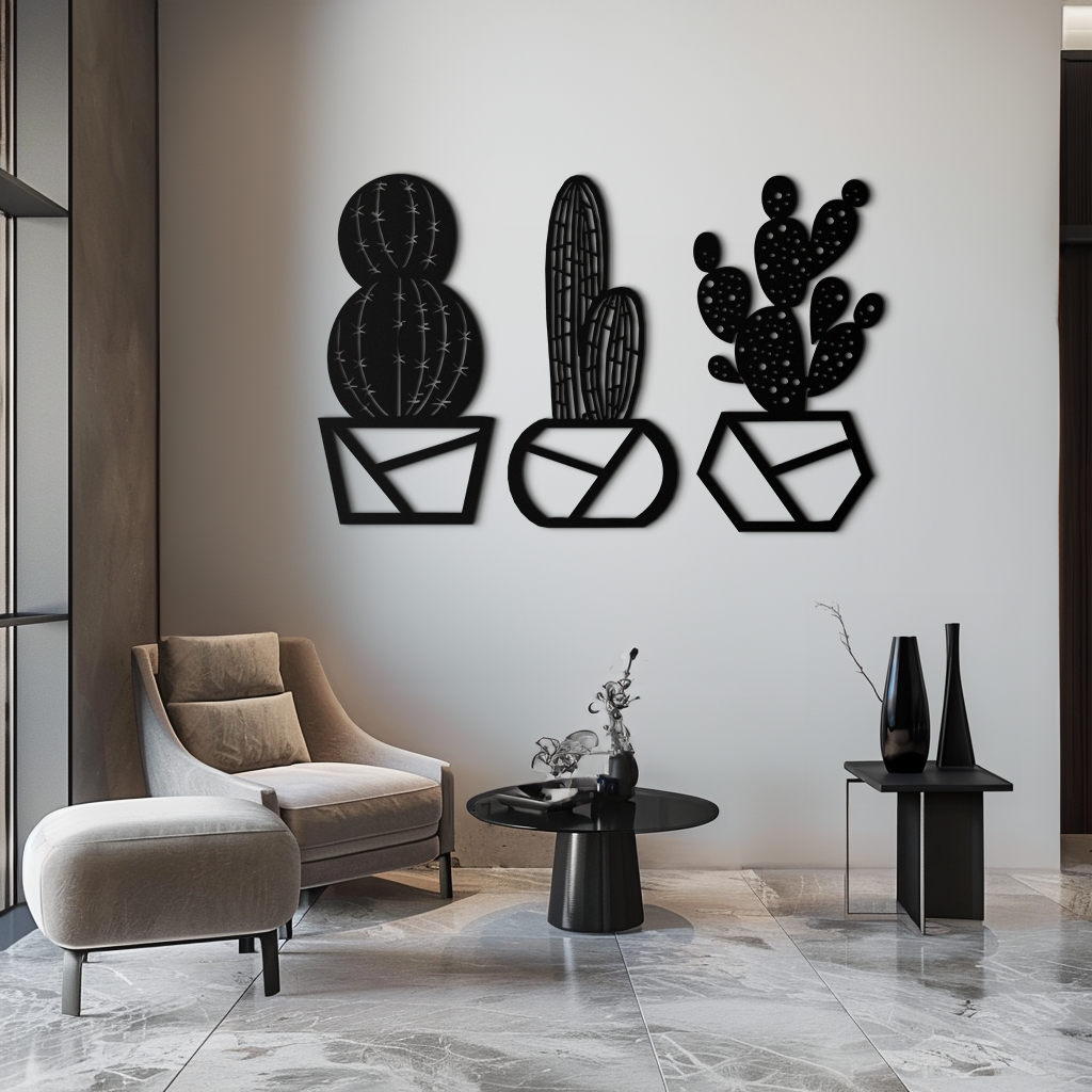 Geometric Cactus Set Metal Wall Art – Modern Black Steel Succulent Decor for Home and Office- KAF518 - Tampa Home & Garden Store