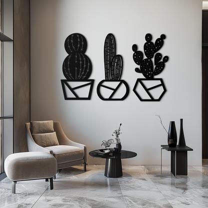 Geometric Cactus Set Metal Wall Art – Modern Black Steel Succulent Decor for Home and Office- KAF518 - Tampa Home & Garden Store