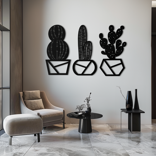 Geometric Cactus Set Metal Wall Art – Modern Black Steel Succulent Decor for Home and Office- KAF518 - Tampa Home & Garden Store