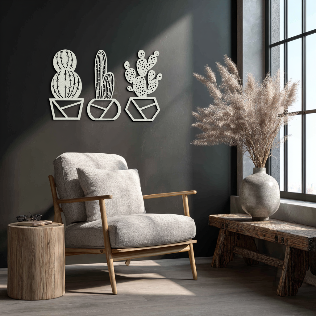 Geometric Cactus Set Metal Wall Art – Modern Black Steel Succulent Decor for Home and Office- KAF518 - Tampa Home & Garden Store