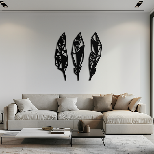 Geometric Feather Trio Metal Wall Art – Abstract Minimalist Black Steel Feather Set for Modern Bohemian Interiors- KAF434 - Tampa Home & Garden Store
