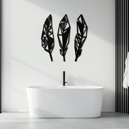 Geometric Feather Trio Metal Wall Art – Abstract Minimalist Black Steel Feather Set for Modern Bohemian Interiors- KAF434 - Tampa Home & Garden Store