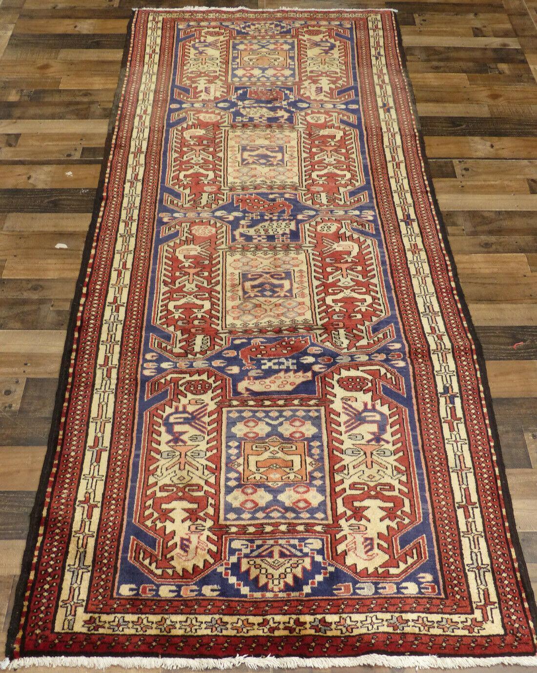Geometric Meshkin Persian Vintage Runner Rug Handmade Wool Carpet - 4'0"x 10'4" - Tampa Home & Garden Store