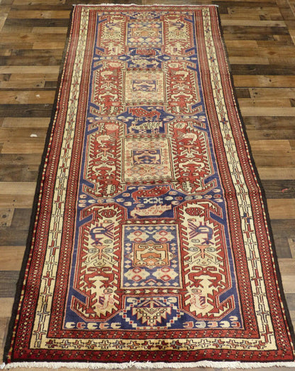 Geometric Meshkin Persian Vintage Runner Rug Handmade Wool Carpet - 4'0"x 10'4" - Tampa Home & Garden Store