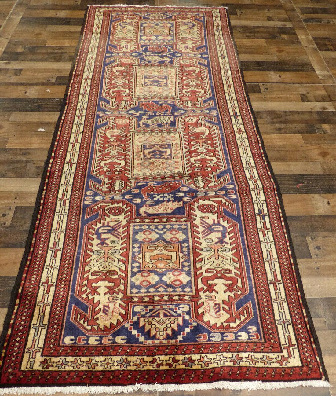 Geometric Meshkin Persian Vintage Runner Rug Handmade Wool Carpet - 4'0"x 10'4" - Tampa Home & Garden Store