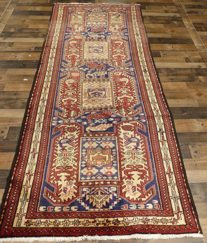 Geometric Meshkin Persian Vintage Runner Rug Handmade Wool Carpet - 4'0"x 10'4" - Tampa Home & Garden Store