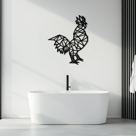 Geometric rooster metal wall art in black on white wall above a white tub Enova Art on Tampa Home & Garden Store