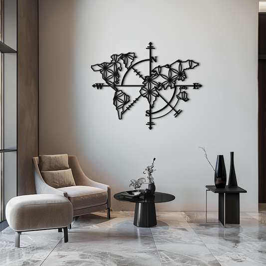 Geometric World Map Metal Wall Art - Modern Compass-Inspired Steel Decor - KAF131 - Tampa Home & Garden Store