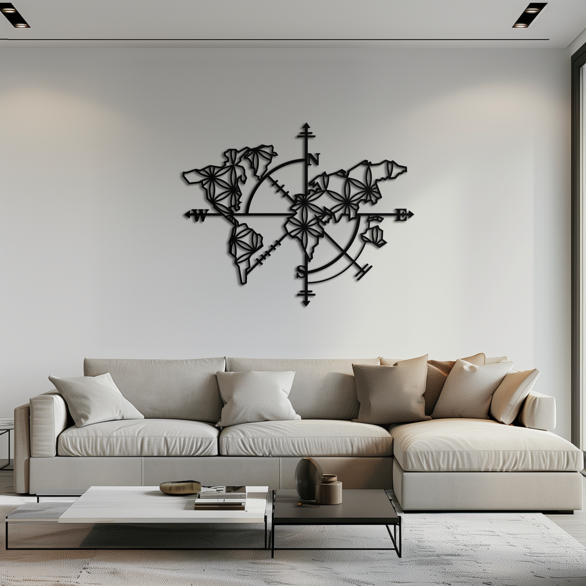 Geometric World Map Metal Wall Art - Modern Compass-Inspired Steel Decor - KAF131 - Tampa Home & Garden Store
