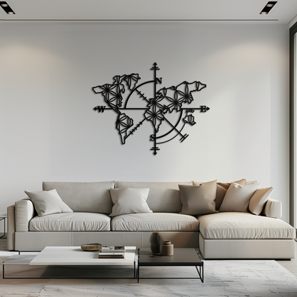 Geometric World Map Metal Wall Art - Modern Compass-Inspired Steel Decor - KAF131 - Tampa Home & Garden Store