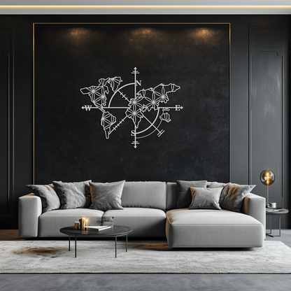 Geometric World Map Metal Wall Art - Modern Compass-Inspired Steel Decor - KAF131 - Tampa Home & Garden Store