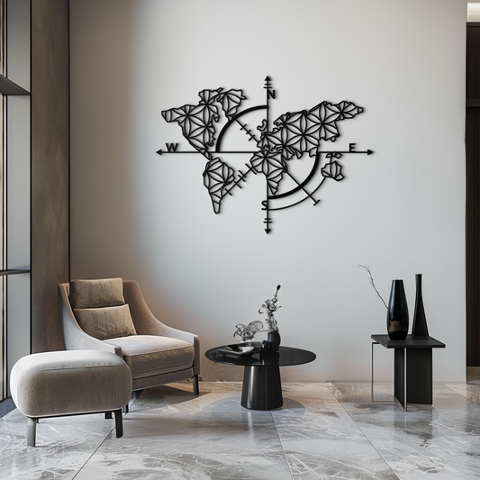 Geometric World Map Metal Wall Art - Modern Compass Wall Decor - KAF099 - Tampa Home & Garden Store