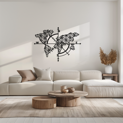 Geometric World Map Metal Wall Art - Modern Compass Wall Decor - KAF099 - Tampa Home & Garden Store