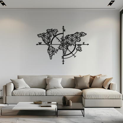 Geometric World Map Metal Wall Art - Modern Compass Wall Decor - KAF099 - Tampa Home & Garden Store