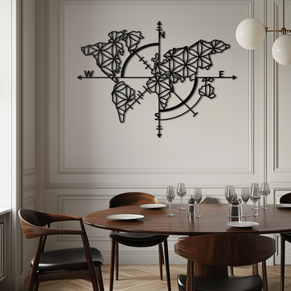 Geometric World Map Metal Wall Art - Modern Compass Wall Decor - KAF099 - Tampa Home & Garden Store