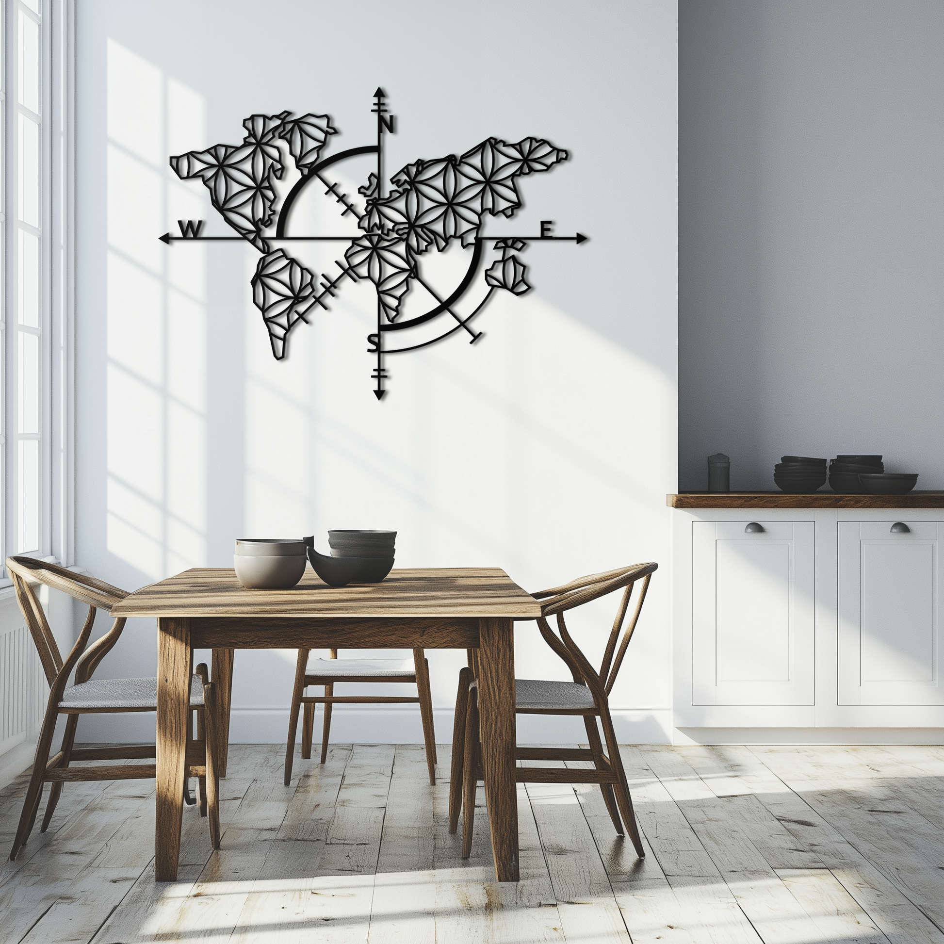 Geometric World Map Metal Wall Art - Modern Compass Wall Decor - KAF099 - Tampa Home & Garden Store
