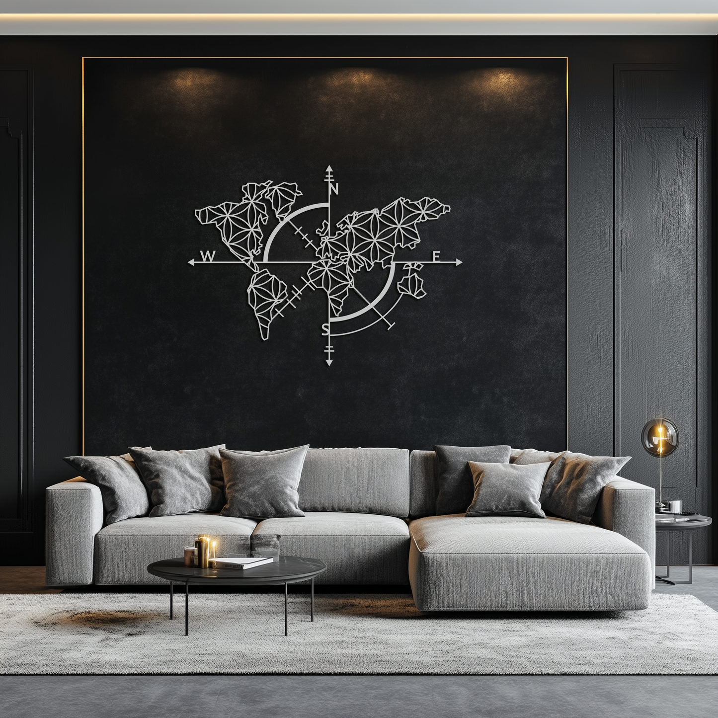 Geometric World Map Metal Wall Art - Modern Compass Wall Decor - KAF099 - Tampa Home & Garden Store