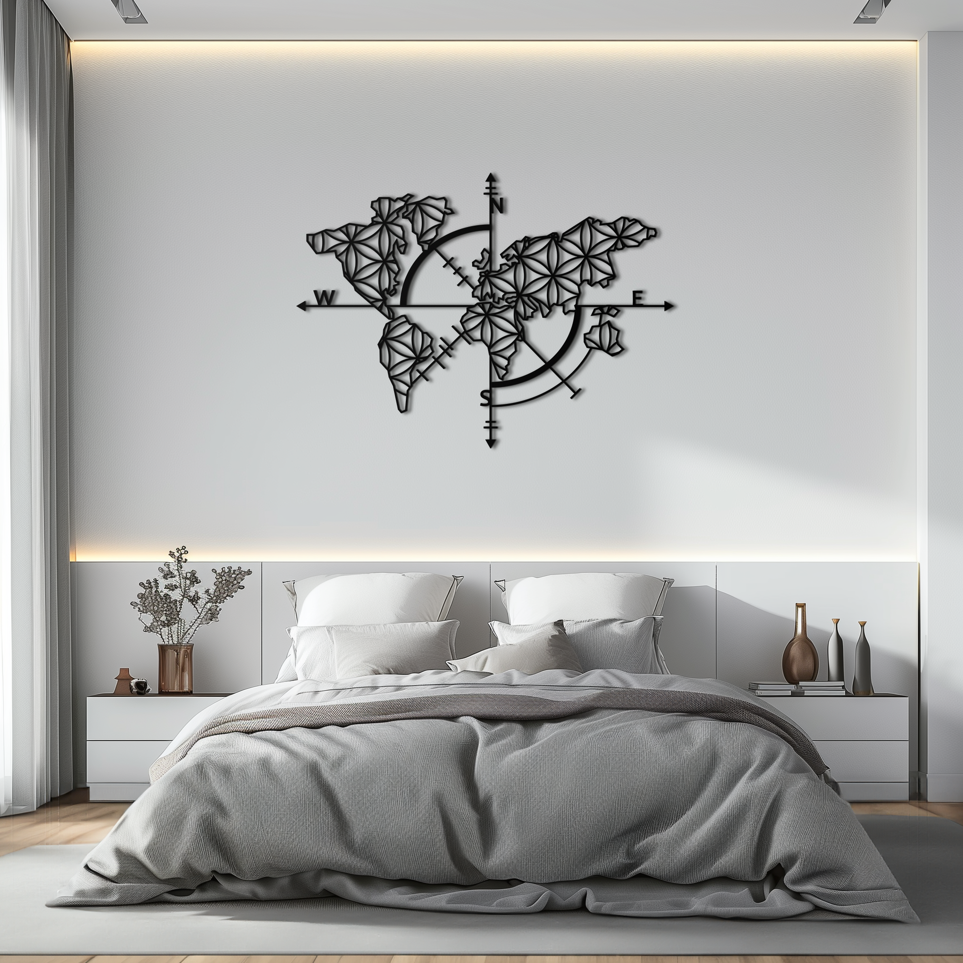Geometric World Map Metal Wall Art - Modern Compass Wall Decor - KAF099 - Tampa Home & Garden Store