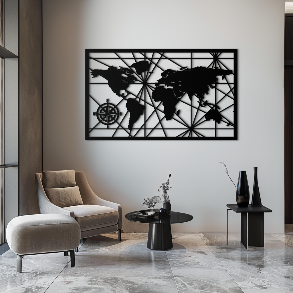 Geometric World Map Metal Wall Art - Modern Minimalist Steel Wall Decor - KAF098 - Tampa Home & Garden Store