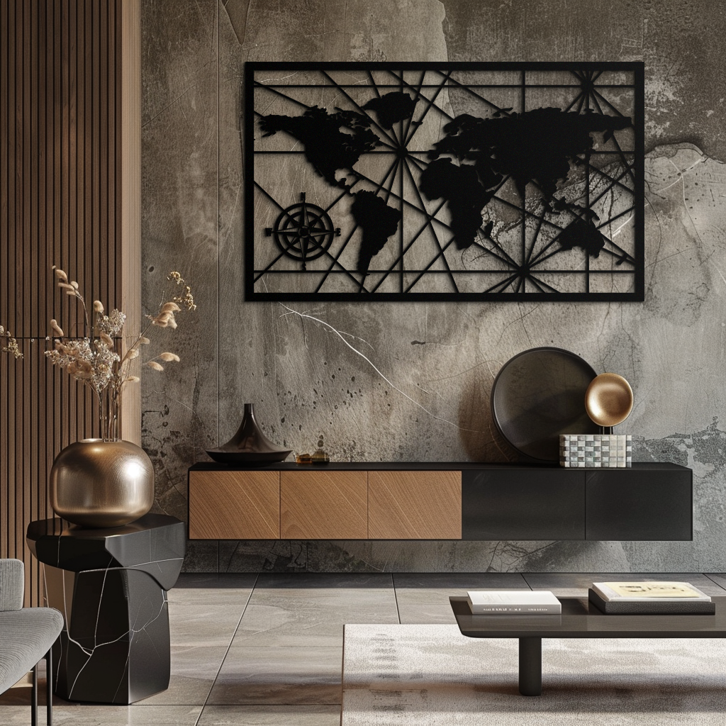 Geometric World Map Metal Wall Art - Modern Minimalist Steel Wall Decor - KAF098 - Tampa Home & Garden Store