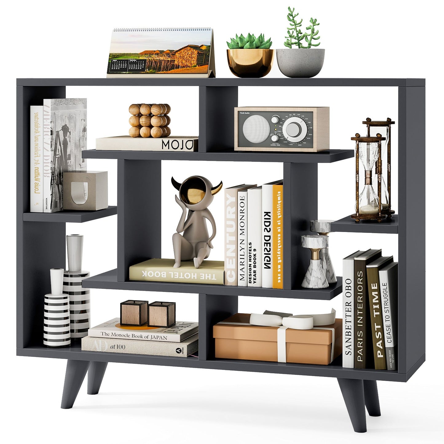 Librería Geométrica con Kit Antivuelco y Estantería de Almacenamiento - Negra