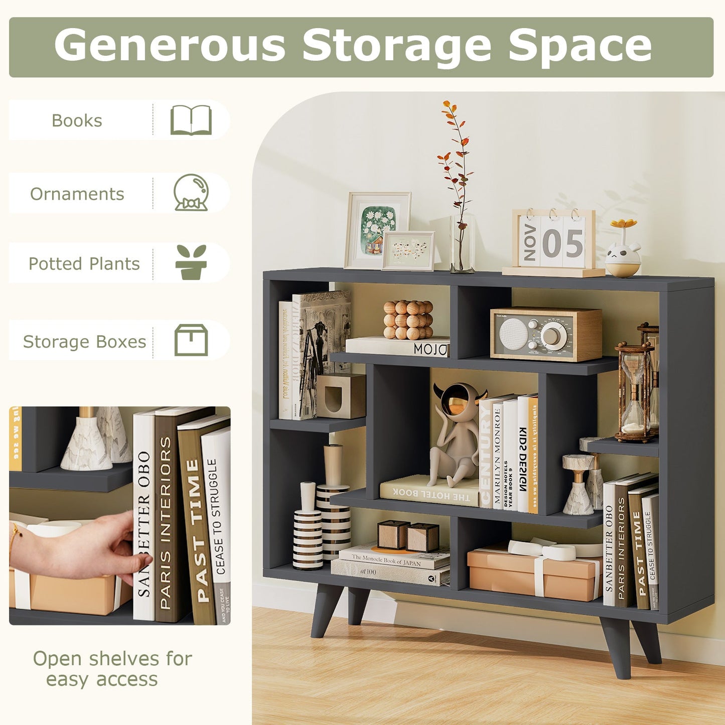 Librería Geométrica con Kit Antivuelco y Estantería de Almacenamiento - Negra