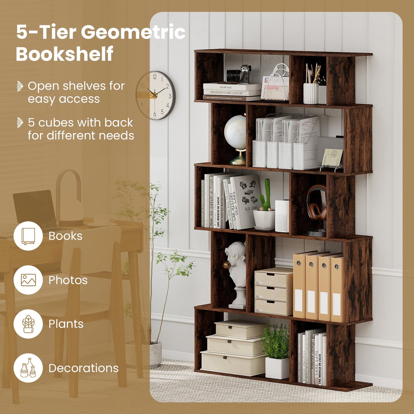 Geometric Bookshelf 5-Tier with Open Shelves