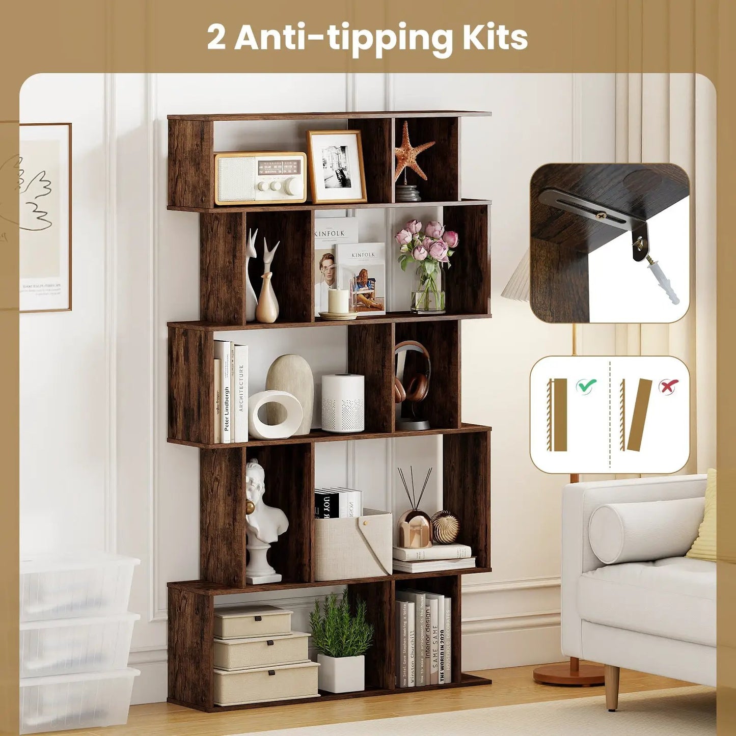 Geometric Bookshelf 5-Tier with Open Shelves