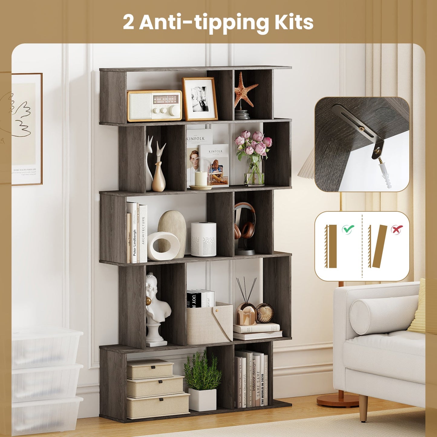 Geometric Bookshelf 5-Tier with Open Shelves