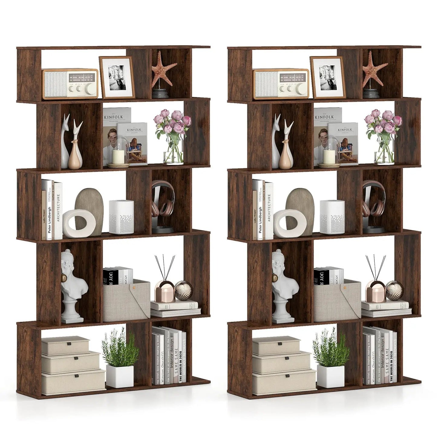 Geometric Bookcase Set of 2 5 Tier Open Shelves