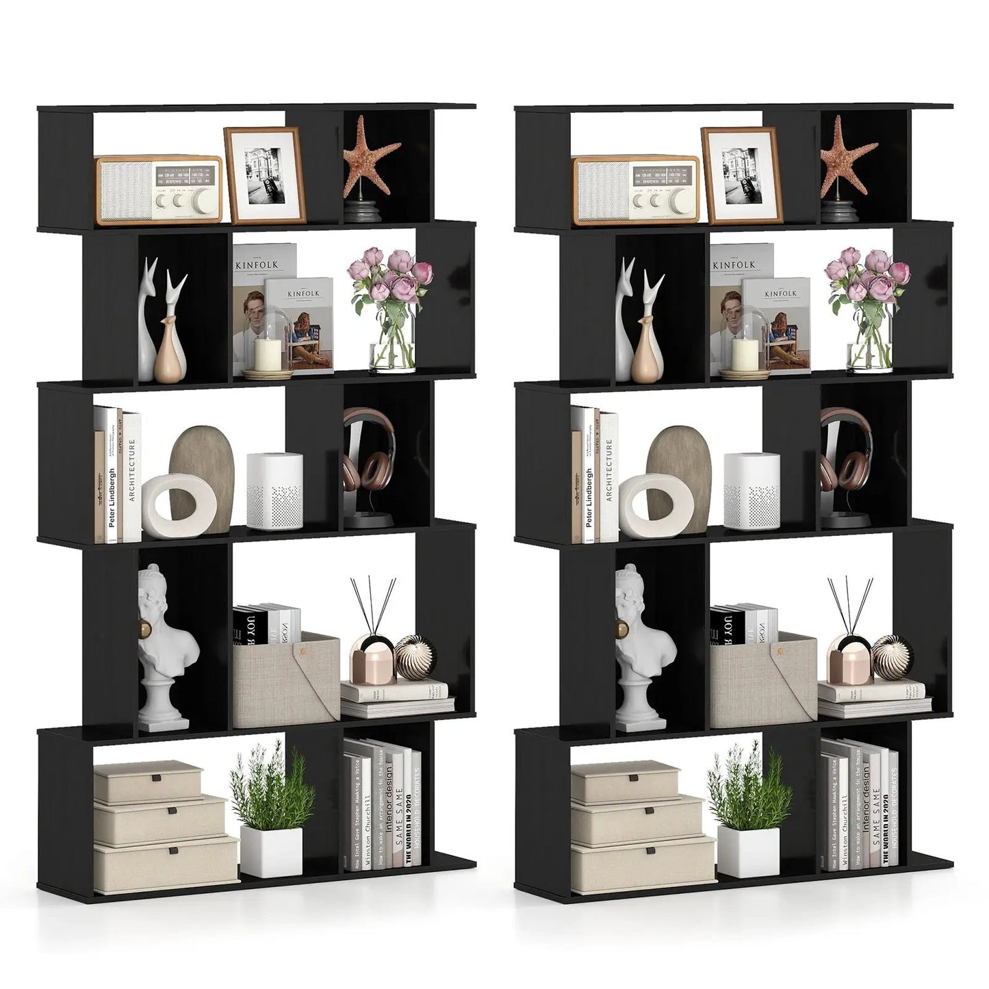 Geometric Bookcase Set of 2 5 Tier Open Shelves