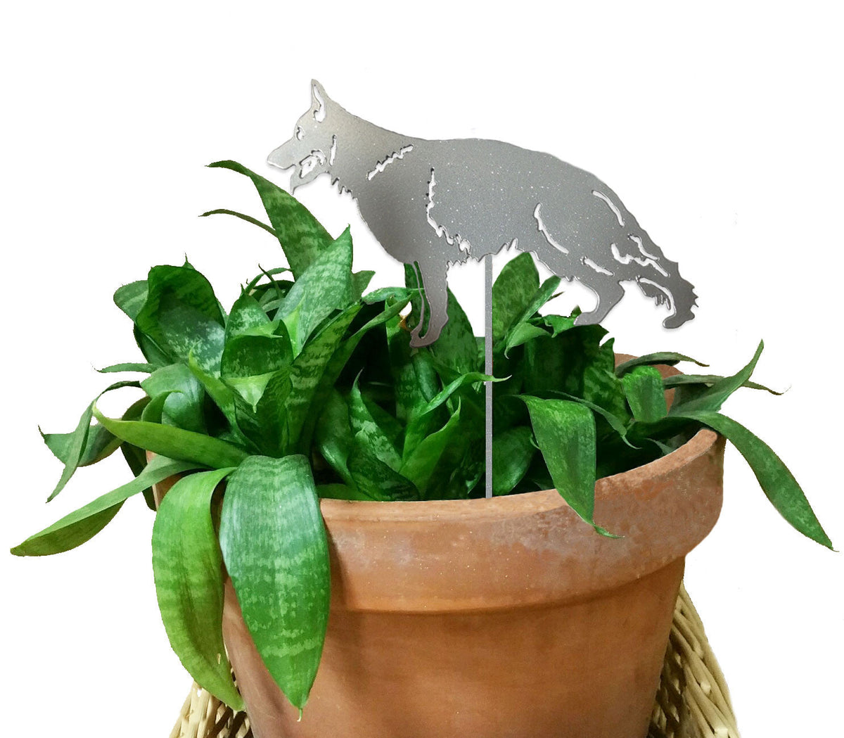 German Shepherd plant stake, gray metal silhouette, Rustica Ornamentals, terracotta pot on Tampa Home & Garden Store