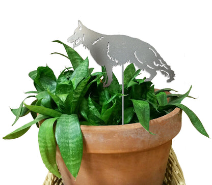 German Shepherd plant stake, gray metal silhouette, Rustica Ornamentals, terracotta pot on Tampa Home & Garden Store