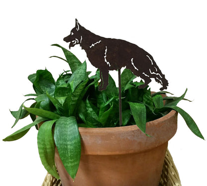 German Shepherd plant stake in metal by Rustica Ornamentals with green leaves in a pot on Tampa Home & Garden Store