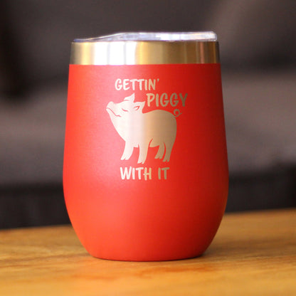 Gettin Piggy - Wine Tumbler Glass with Sliding Lid - Stainless Steel Insulated Mug - Cute Pig Decor Gifts - Tampa Home & Garden Store