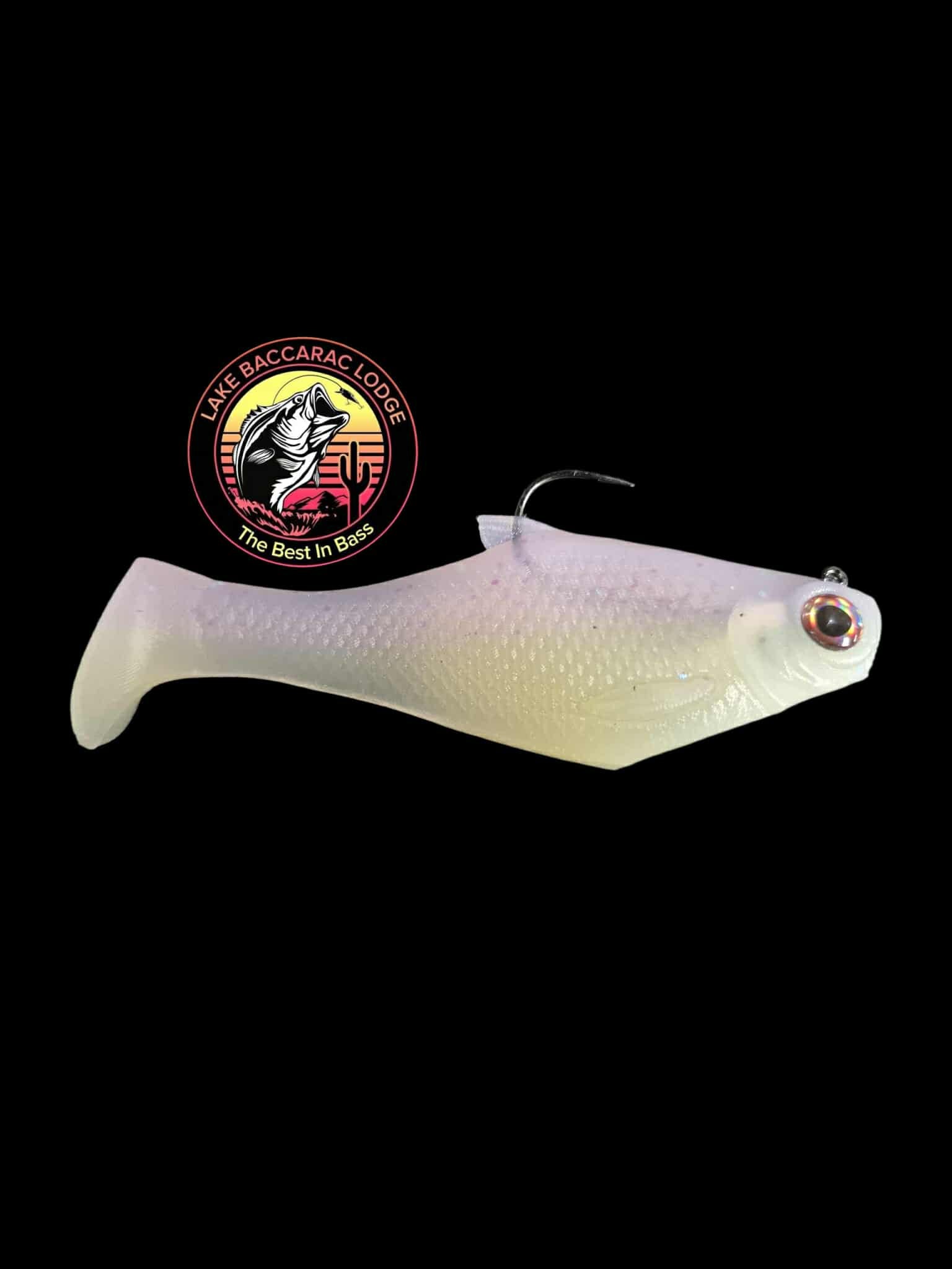 Bacca Burrito boot tail soft swimbait pale white pearl; Lake Baccarac Lodge logo visible on Tampa Home & Garden Store