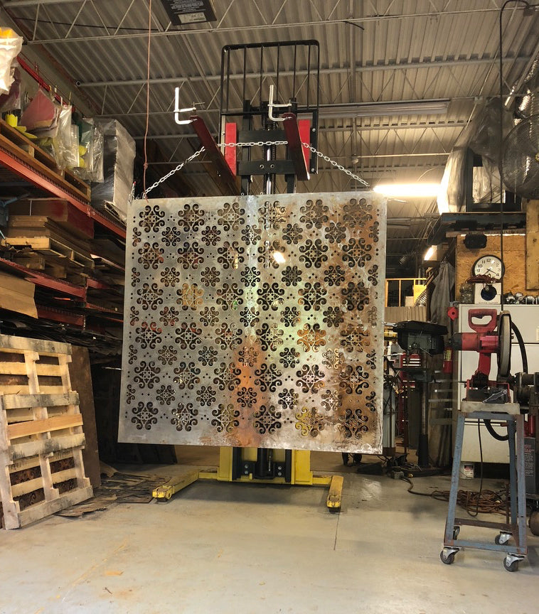 Outdoor privacy panel metal wall sculpture 46-inch, Rustica Ornamentals with fleur-de-lis cutouts on Tampa Home & Garden Store